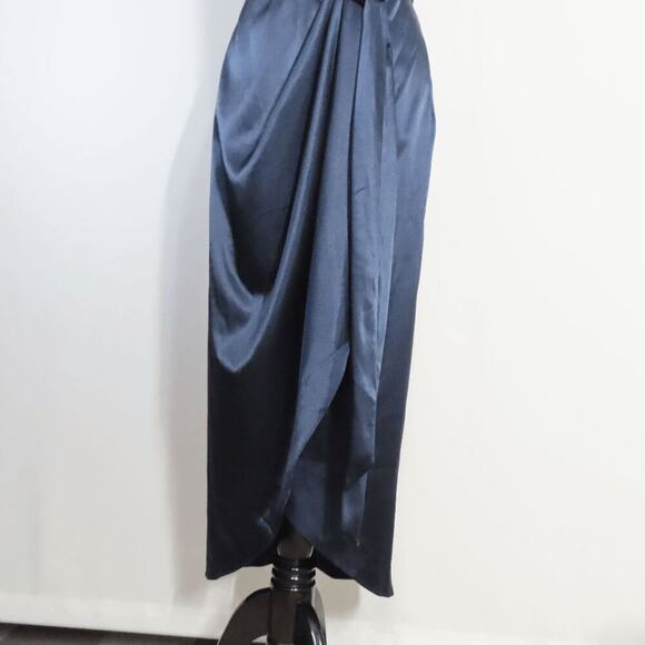 After Six 6828 Midnight Blue Charmeuse Faux Wrap Midi Dress Tulip Skirt 12R - Picture 2 of 9